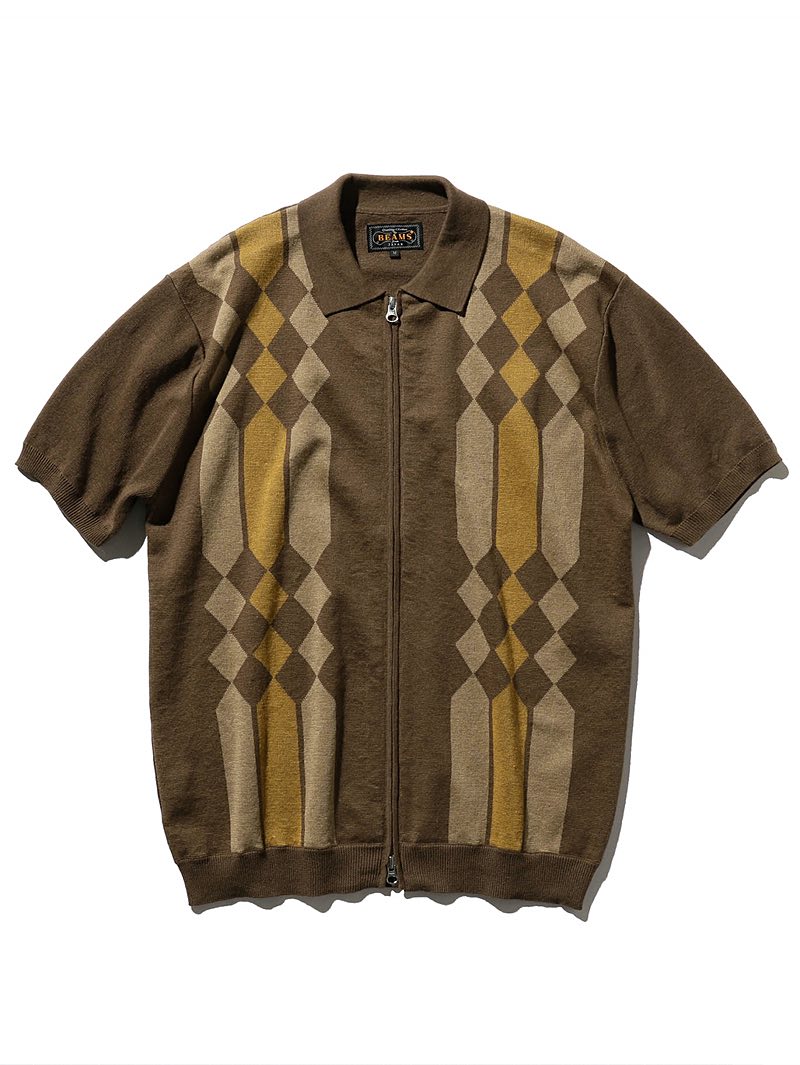 Beams Plus Brown Zip Knit Polo Stripe