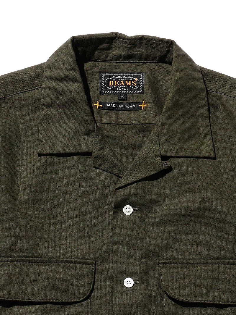 Beams Plus Open Collar Linen Panama Olive