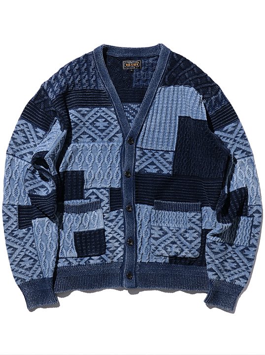 Beams Plus Cardigan Indigo Patchwork Like Jacquard