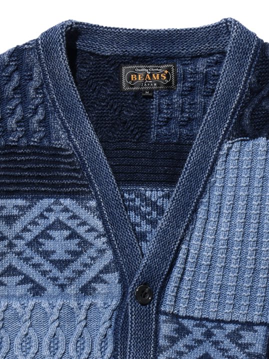Beams Plus Cardigan Indigo Patchwork Like Jacquard - Mildblend 