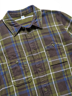 Pure Blue Japan Raised Surface Check Double Pocket Shirt - Olive
