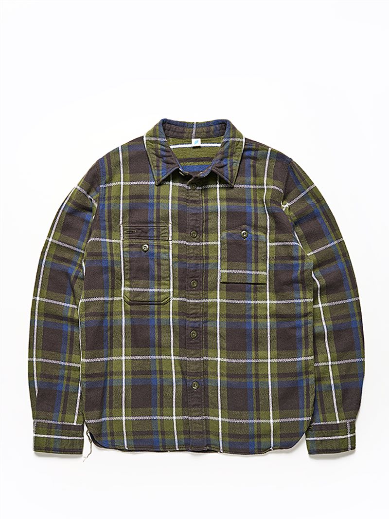 Pure Blue Japan Raised Surface Check Double Pocket Shirt - Olive