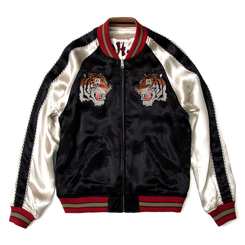 Gucci Black Tiger Embroidered Satin Reversible Bomber Jacket L Gucci