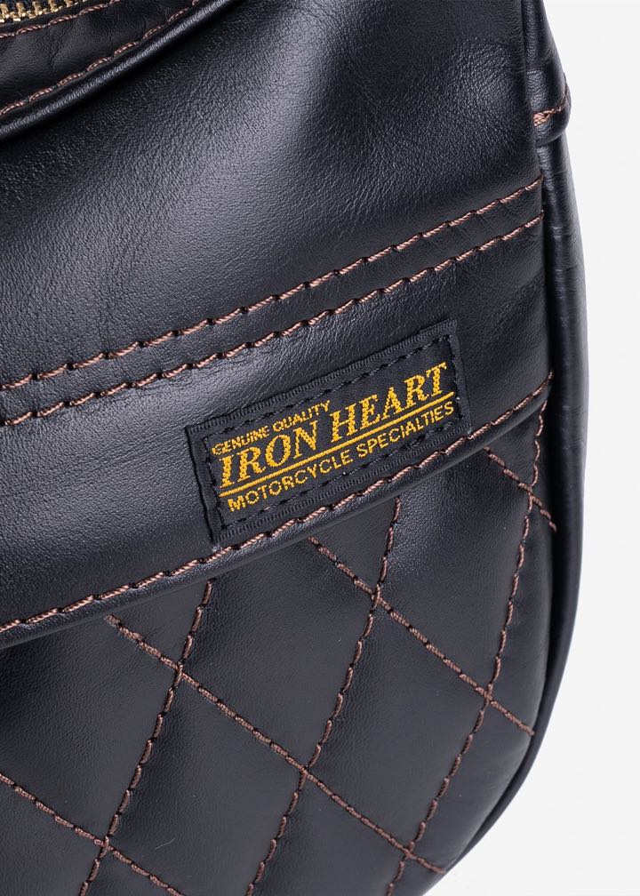 Iron Heart Leather Diamond Stitched Shoulder Bag Black with Black Stitch