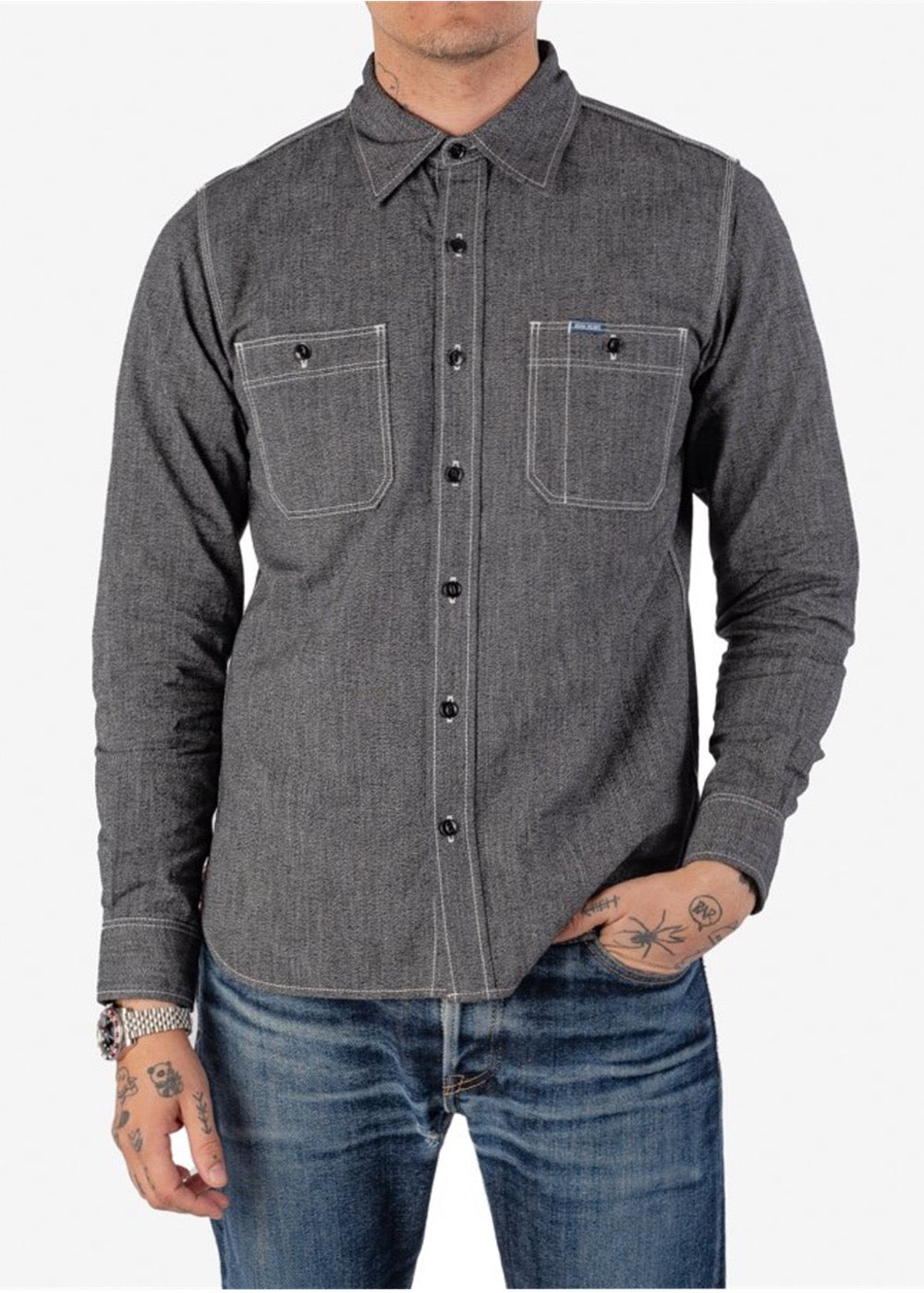 Iron Heart 10oz IH-290 Mock Twist Selvedge Chambray Work Shirt Charcoal