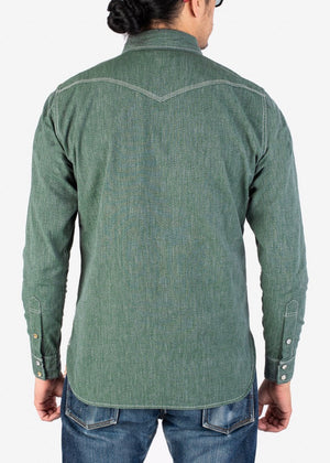 Iron Heart IH-289 10oz Mock Twist Selvedge  Chambray Western Shirt Green