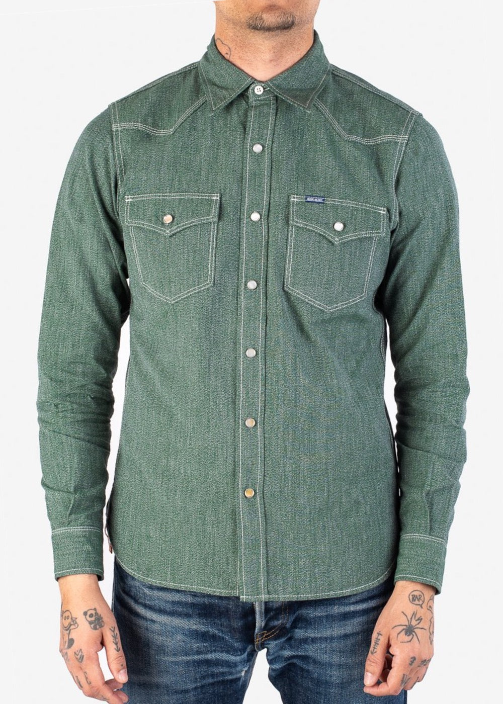 Iron Heart IH-289 10oz Mock Twist Selvedge  Chambray Western Shirt Green