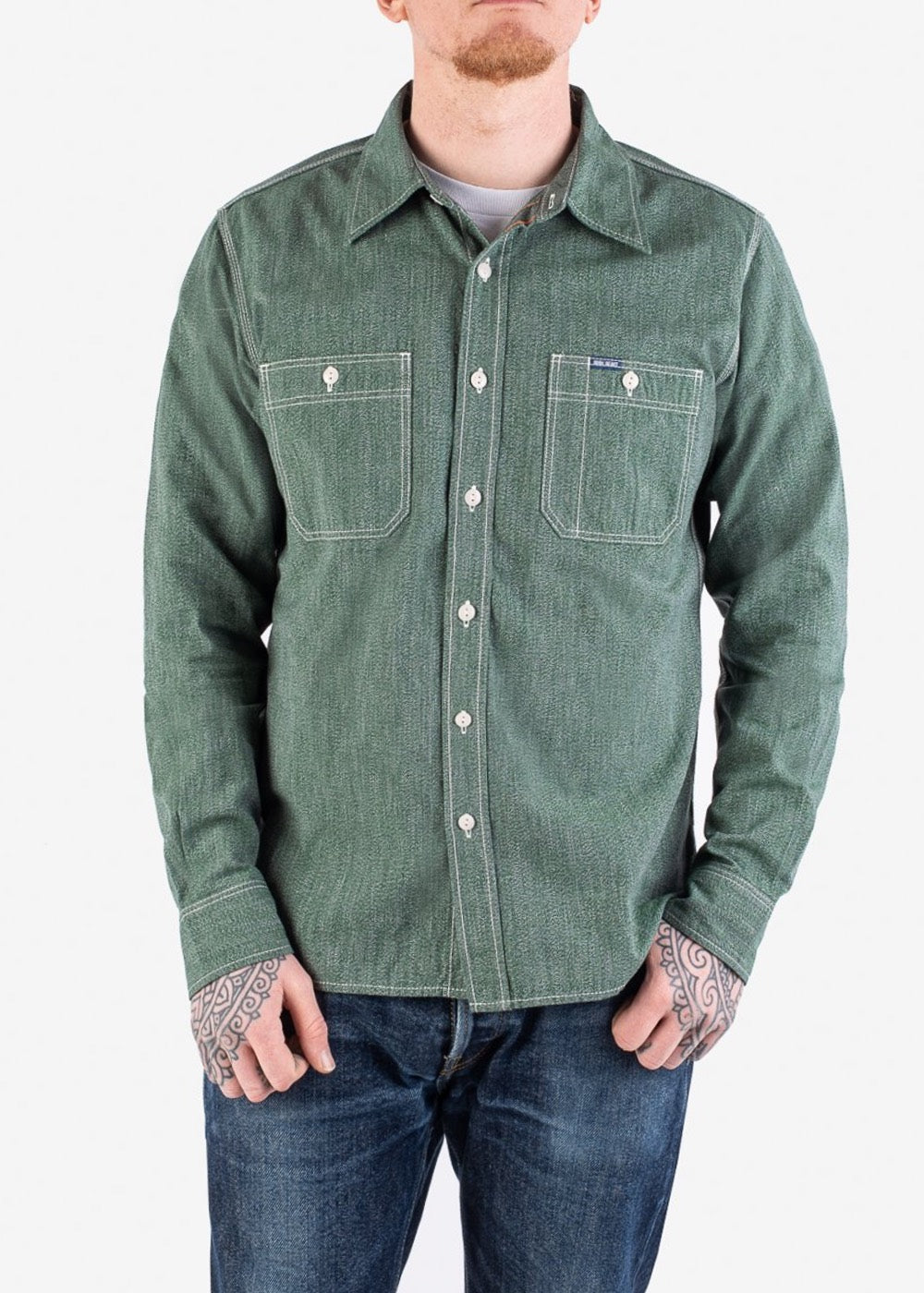 Iron Heart IH-290 Moc Twist Selvedge Chambray Work Shirt Green Salt and Jalapeno