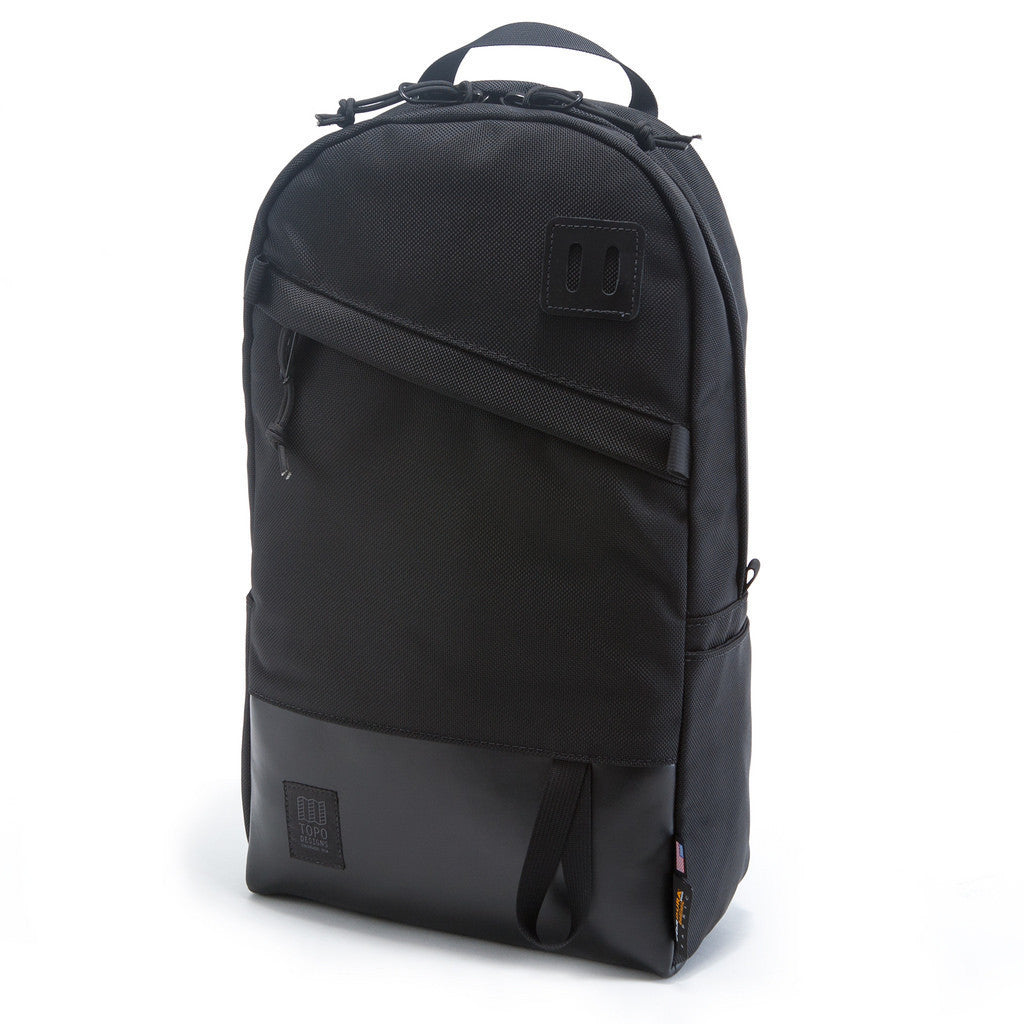 Topo Designs Daypack in Ballistic Black/Black Leather